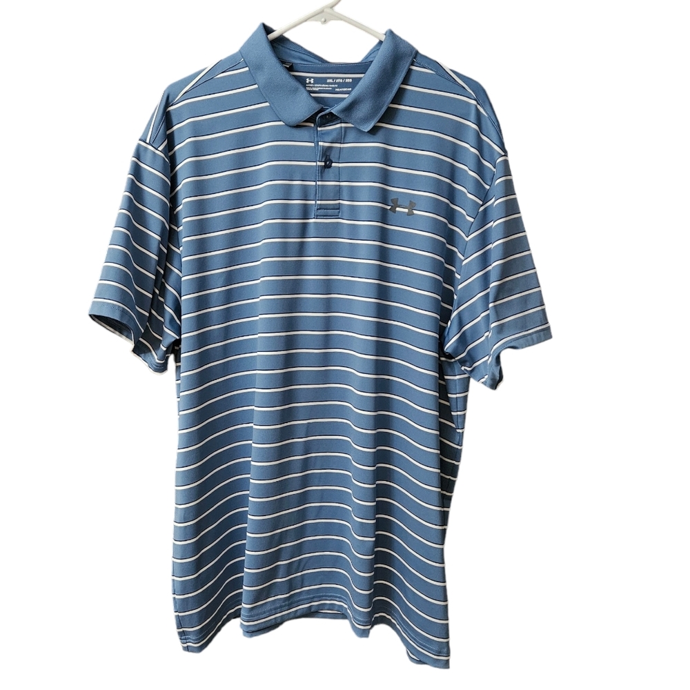 Under Armour Men's Polo Shirt Loose Heatgear Size 2XL Blue White Stripe Golf